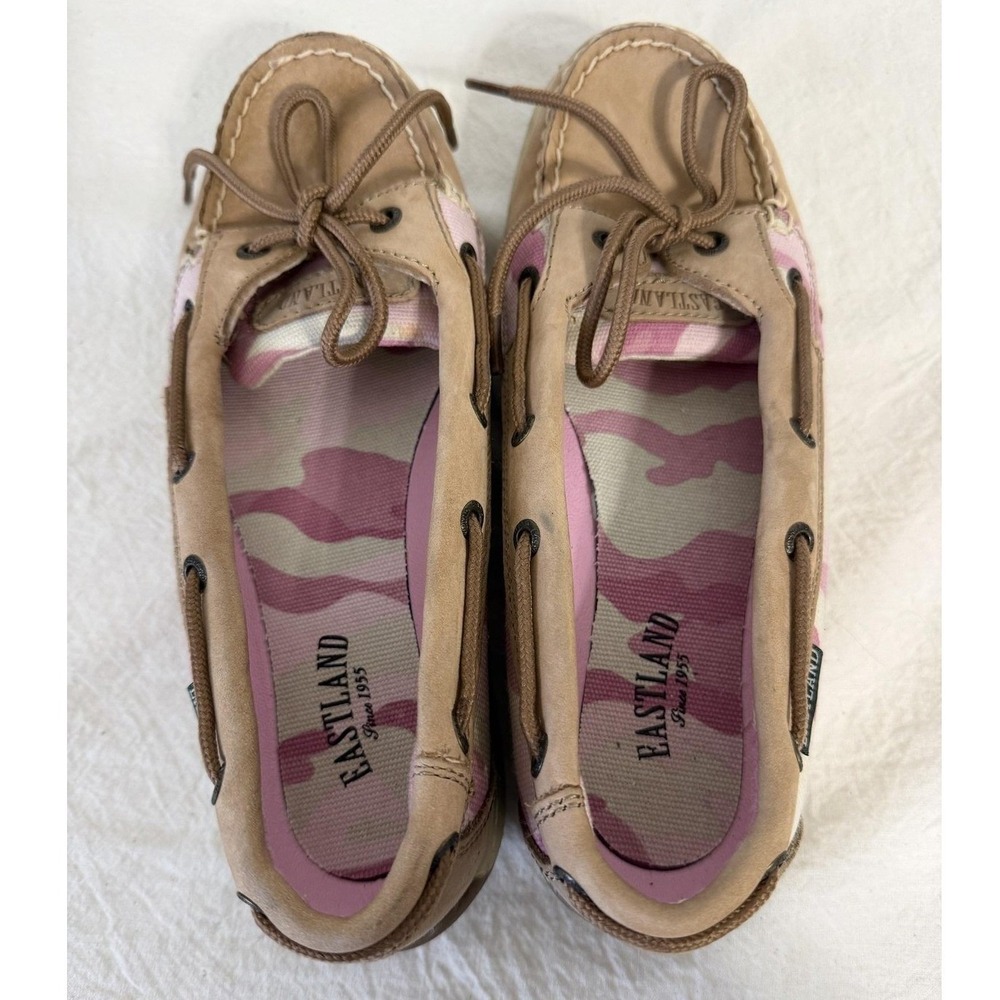 Eastland Sunrise Boat Shoes Womens 7.5 Tan Pink Camo Leather Canvas 3562-76